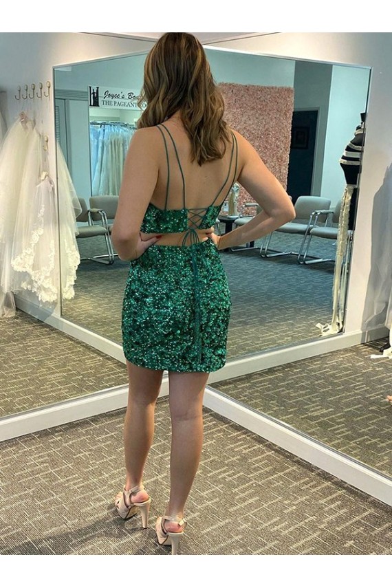 Shamrock Vert Fourreau Col V Courte Paillettes Velours Courte Robes de bal