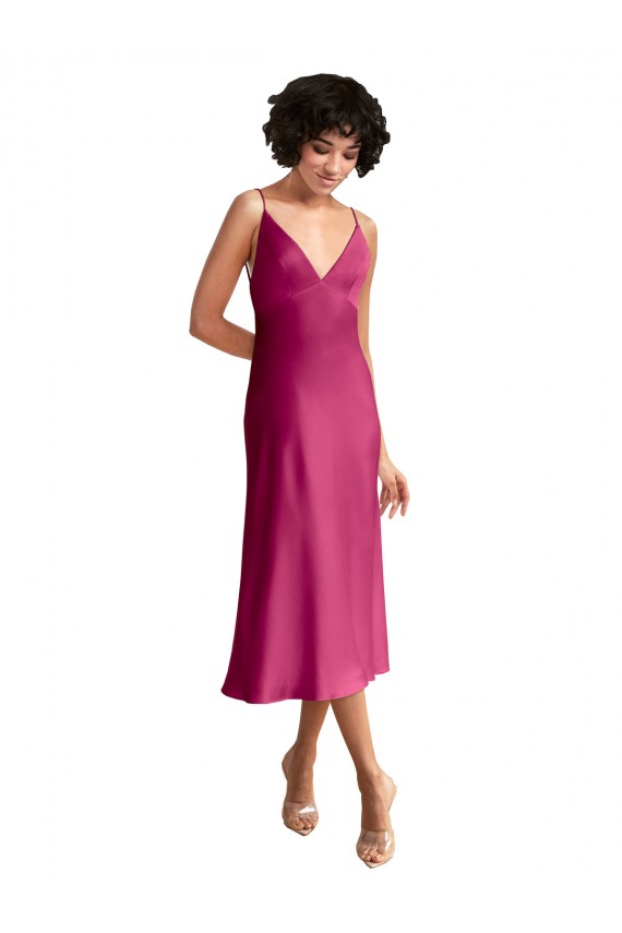 Trapèze Col V midi Satiné Stretch Courte Robes demoiselle d'honneur / Robes de soirée / Robes de cocktail