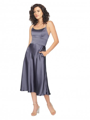 Trapèze Scoop midi Satiné Soyeux Courte Robes demoiselle d'honneur / Robes de bal / Robes de cocktail