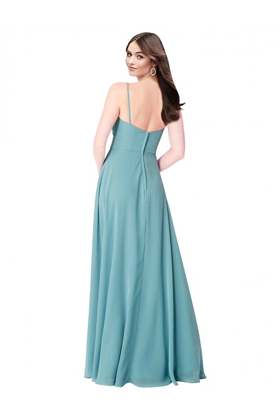 Turquoise Trapèze Col V Mousseline Longue Robes demoiselle d'honneur