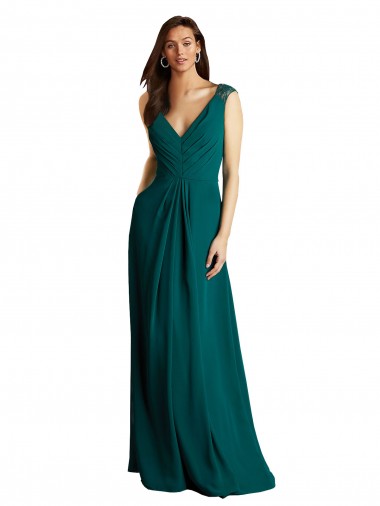 Vert Chasseur Trapèze Col V Mousseline Dentelle Longue Robes demoiselle d'honneur