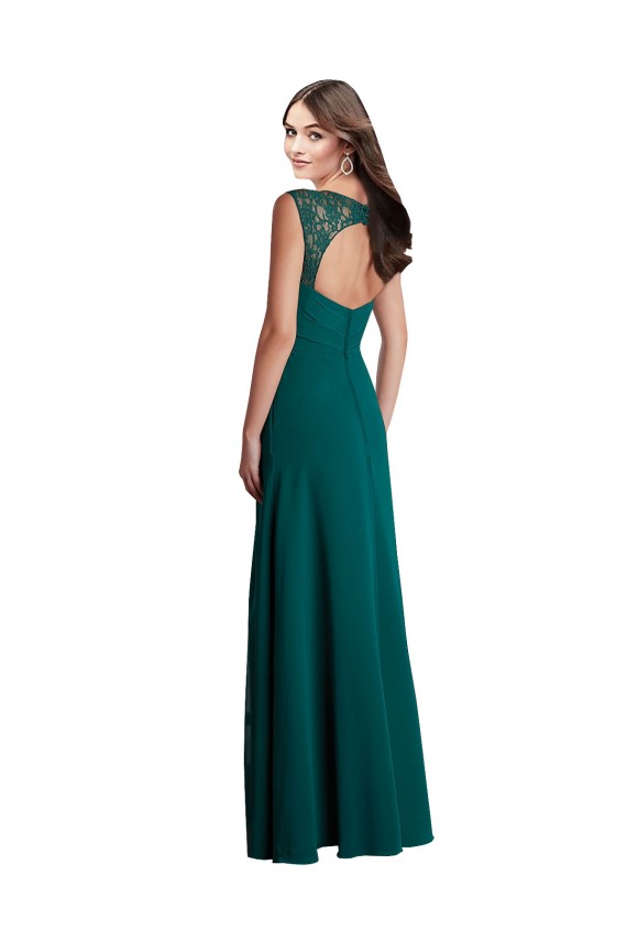 Vert Chasseur Trapèze Col V Mousseline Dentelle Longue Robes demoiselle d'honneur