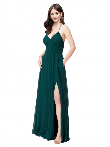 Vert Chasseur Trapèze Col V Mousseline Longue Robes demoiselle d'honneur