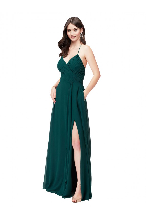 Vert Chasseur Trapèze Col V Mousseline Longue Robes demoiselle d'honneur