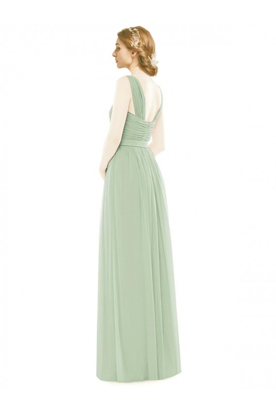 Vert Sauge Trapèze Bretelles spaghetti Mousseline Longue Robes demoiselle d'honneur