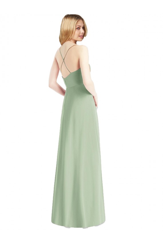 Vert Sauge Trapèze Bretelles spaghetti Mousseline Longue Robes demoiselle d'honneur