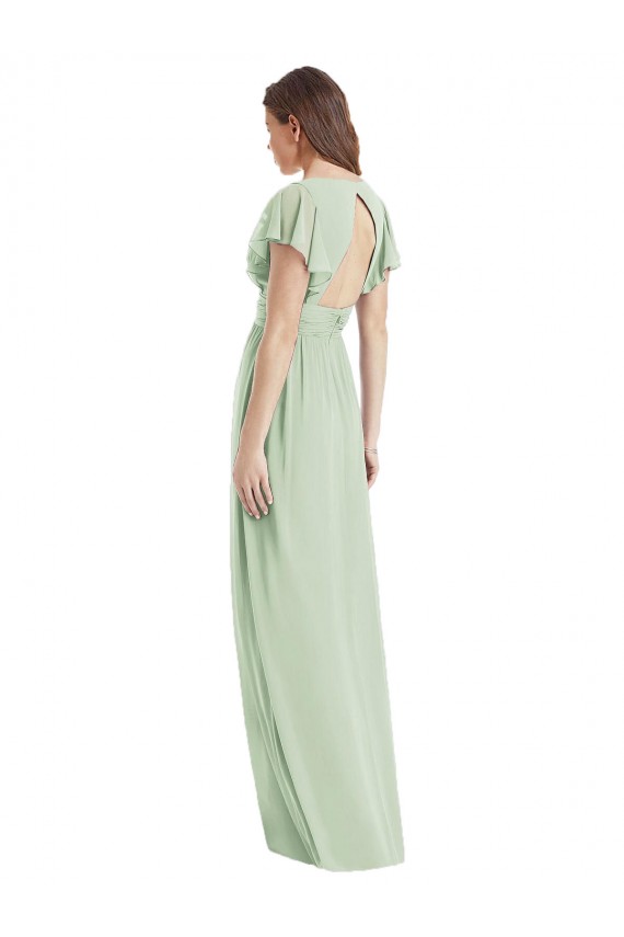 Vert Sauge Trompette Col V Mousseline Longue Robes demoiselle d'honneur