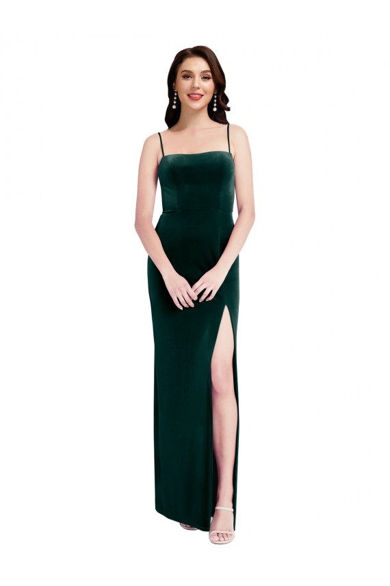Vert foncé Fourreau Bretelles spaghetti Col Carré Velours Stretch Longue Robes demoiselle d'honneur / Robes de bal