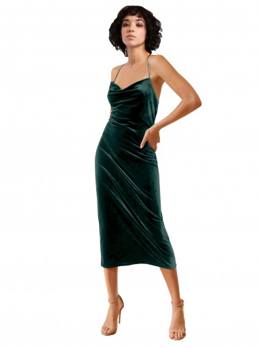 Vert foncé Fourreau Bretelles spaghetti midi Velours Stretch Courte Robes demoiselle d'honneur / Robes de soirée / Robes de cocktail