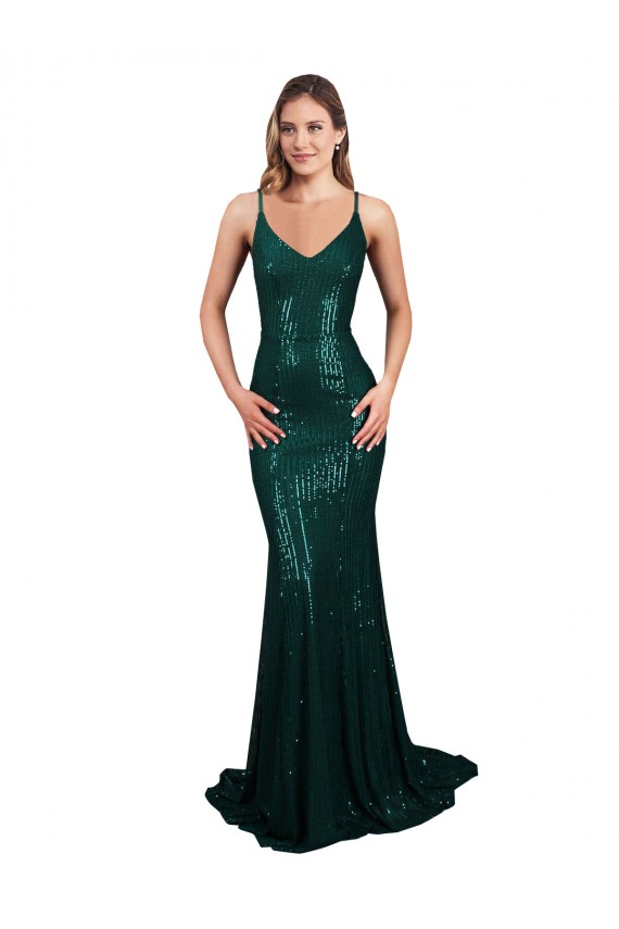 Vert foncé Sirène Col V Paillette Longue Formelles Robes demoiselle d'honneur / Robes de soirée / Robes de bal