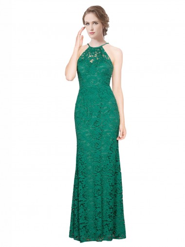 Vert foncé Sirène Licou Col Haut Dentelle Longue Robes demoiselle d'honneur / Robes de bal