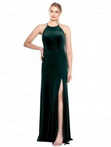 Vert foncé Trapèze Bretelles spaghetti Col bijou Velours Stretch Longue Robes demoiselle d'honneur / Robes de bal