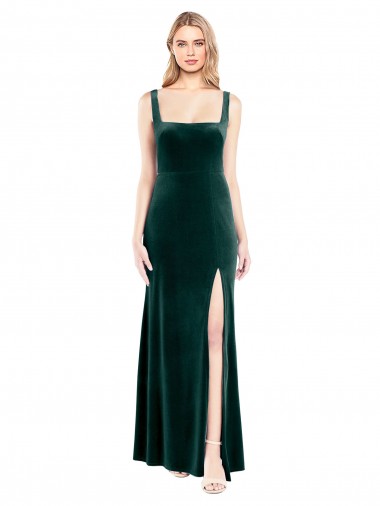 Vert foncé Trapèze Col Carré Velours Stretch Longue Robes demoiselle d'honneur / Robes de bal