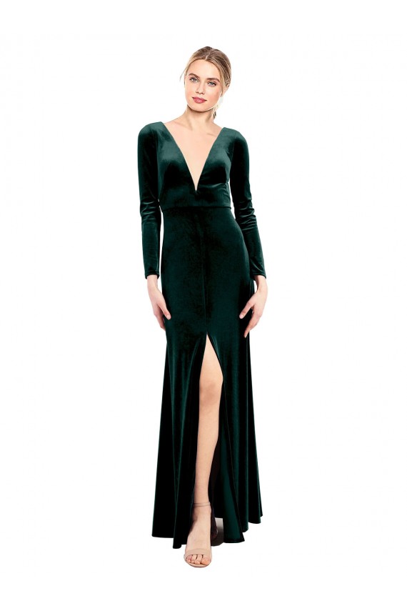 Vert foncé Trapèze Col V Velours Stretch Longue Robes demoiselle d'honneur / Robes de bal