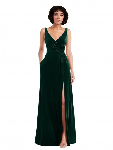 Vert foncé Trapèze Col V Velours Stretch Longue Robes demoiselle d'honneur / Robes de bal