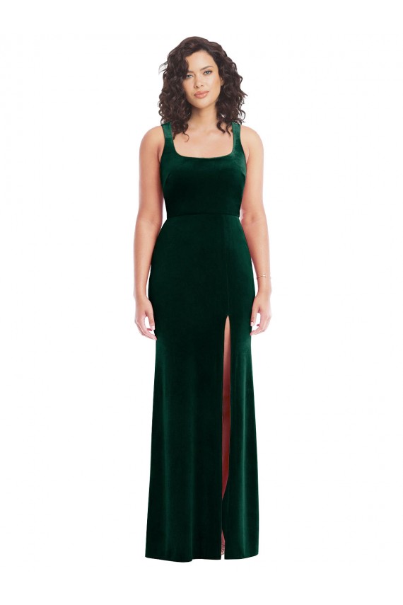 Vert foncé Trompette Col Carré Velours Stretch Longue Robes demoiselle d'honneur / Robes de bal