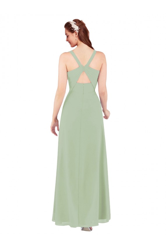 Vert fumée Fourreau Col V Mousseline Longue Robes demoiselle d'honneur