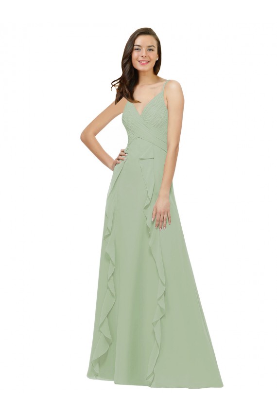 Vert fumée Trapèze Bretelles spaghetti Col V Mousseline Longue Robes demoiselle d'honneur
