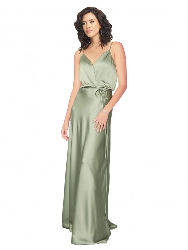 Vert fumée Trapèze Col V Satiné Soyeux Longue Formelles Robes demoiselle d'honneur / Robes de soirée