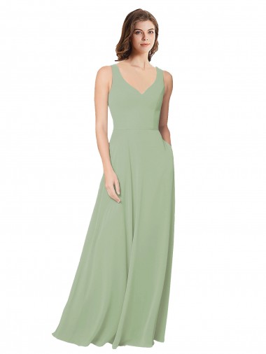 Vert fumée Trapèze Mousseline Longue Robes demoiselle d'honneur