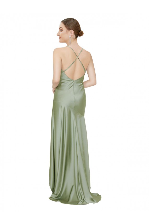Vert fumée Trapèze Satiné Soyeux Longue Asymétrique Formelles Robes demoiselle d'honneur / Robes de soirée / Robes de bal