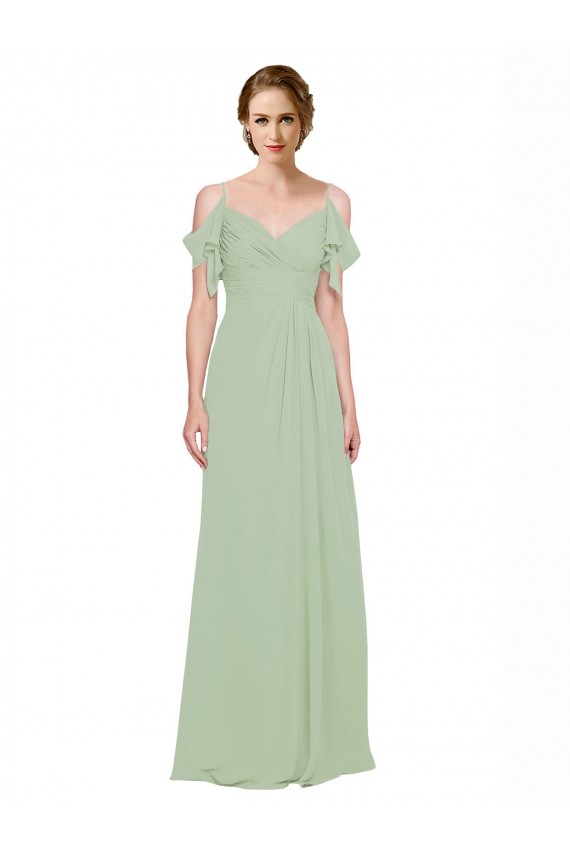 Vert fumée Trapèze Épaule Dénudée Bretelles spaghetti Mousseline Longue Robes demoiselle d'honneur