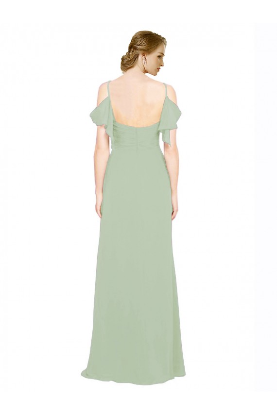 Vert fumée Trapèze Épaule Dénudée Bretelles spaghetti Mousseline Longue Robes demoiselle d'honneur
