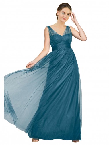 Vert sarcelle Trapèze Col V Tulle Longue Robes demoiselle d'honneur